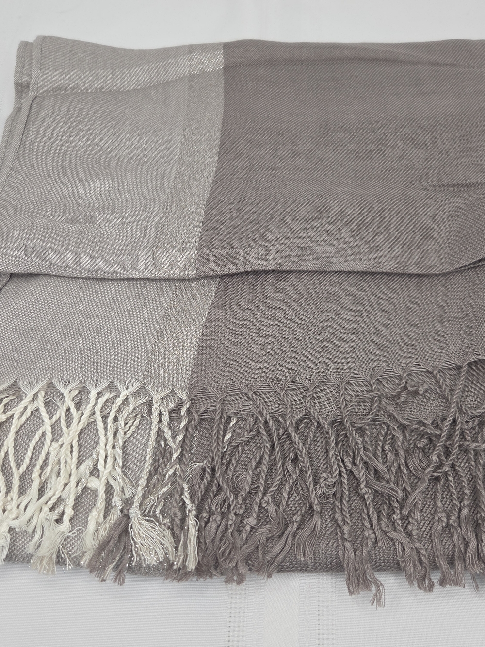Neutral Gray &Silver Metallic Colorblock Fringe Wrap Scarf 72x22" Modern - Picture 4 of 8